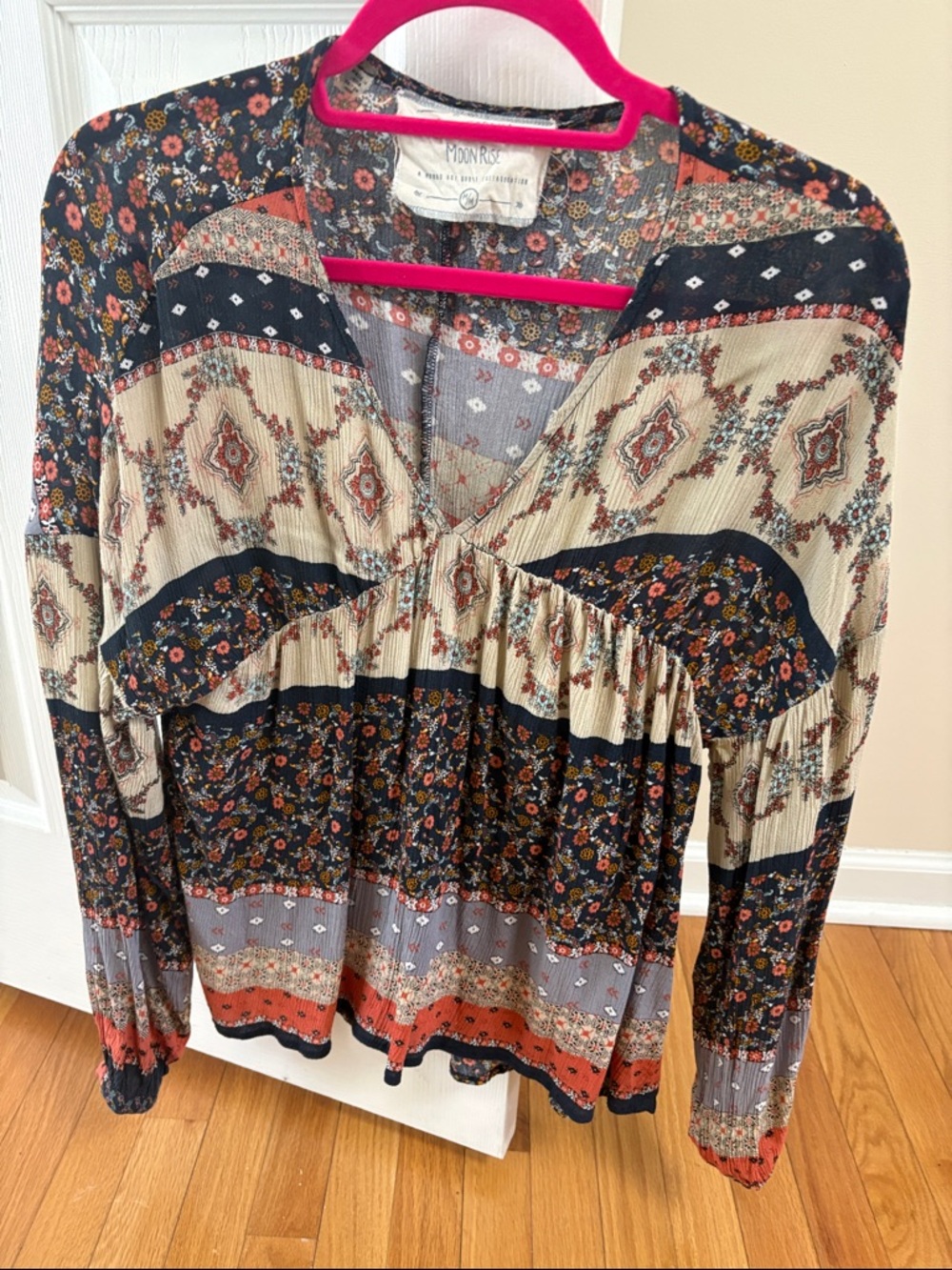 Moon River Black, Cream & Rust Patchwork V-Neck Peasant Top